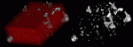 3D reconstruction of a portion of an aluminum rod near the area of failure, (left) as left, aluminum is semi-transparent red, while void spaces are opaque gray; (right) as right, aluminum is not completely transparent, and distribution and interconnectivity of void spaces is visible. Sample is approximately 10 mm long on side. (Sample provided by Dr. Eric Taleff, University of Texas at Austin)