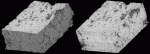 3D reconstruction of a portion of an aluminum rod near the area of failure, visualizing the interconnectivity of the void spaces approaching the failure surface. (left) full reconstruction; aluminum is mottled gray; (right) a portion of the sample viewed far left. Sample is approximately 10 mm long on side. (Sample provided by Dr. Eric Taleff, University of Texas at Austin)