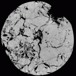 100 micron slice of a 1 inch carbonate core displays microporosity, macroporosity and connective fracture systems. (Sample courtesy of Dr. Brenda Kirkland-George, University of Texas at Austin)