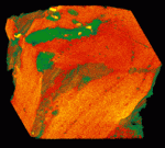 Pseudocolored 3D reconstructions of a portion of meteorite impact glass. Glassy matrix is red/orange; compact clast is green and yellow. (left) Virtual cube of sample showing folded nature of matrix and distribution of clast. (right) View of (left) looking straight down top of cube.