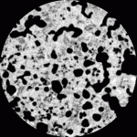 Single scan of a one-inch core of vesicles (dark) in basalt (light). Scan shows the non-spherical nature of the vesicles, caused by deformation and coalescence of bubbles in the melt. (Sample courtesy of Dr. Dork Sahagian, University of New Hampshire).