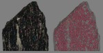 (Left) Pseudocolored 3D reconstruction from CT scans in which the garnets are pink, kyanite laths are blue, biotite-kyanite-rich regions are dark gray to black, and quartz-rich regions are light gray. (Right) Pseudocolored 3D reconstruction with a transparent matrix, leaving only the garnet porphyroblasts visible.